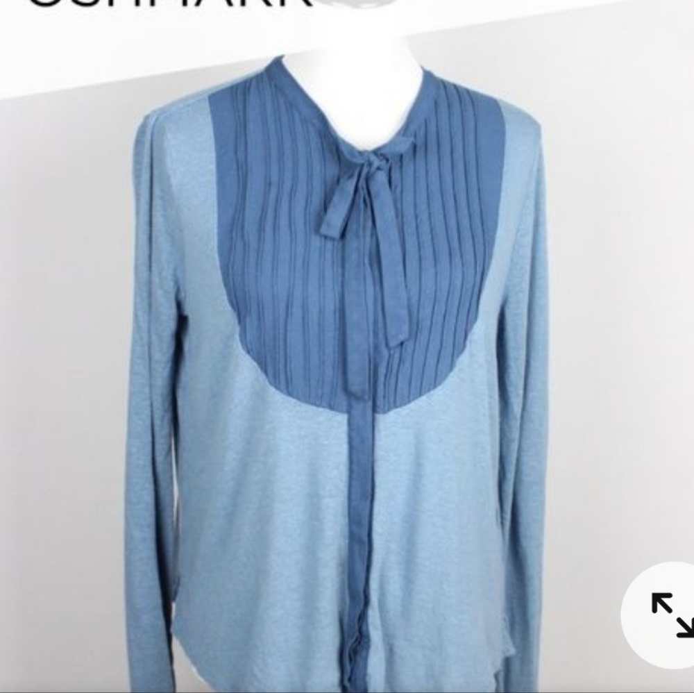 Lucky Brand Blue Pleated Linen Blend‎ Button Down Blouse Size M